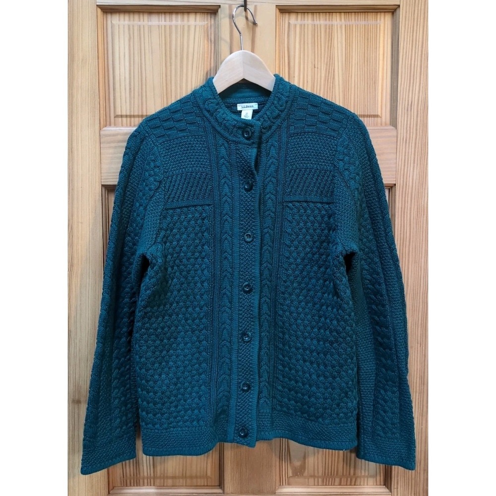 Classic LL Bean AZ M Basket Weave Cable Knit Cotton Green Cardigan Sweater